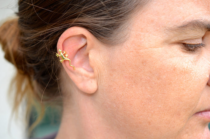 Model wearing Gold Gecko Ear Cuff - Non Piercing Festival Jewelry