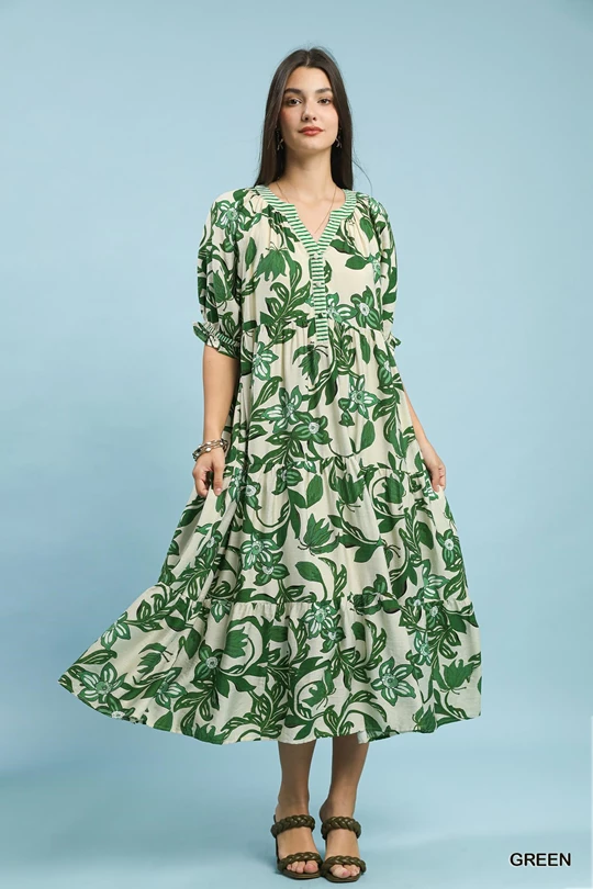 Green Tropical Floral Tiered Midi Dress