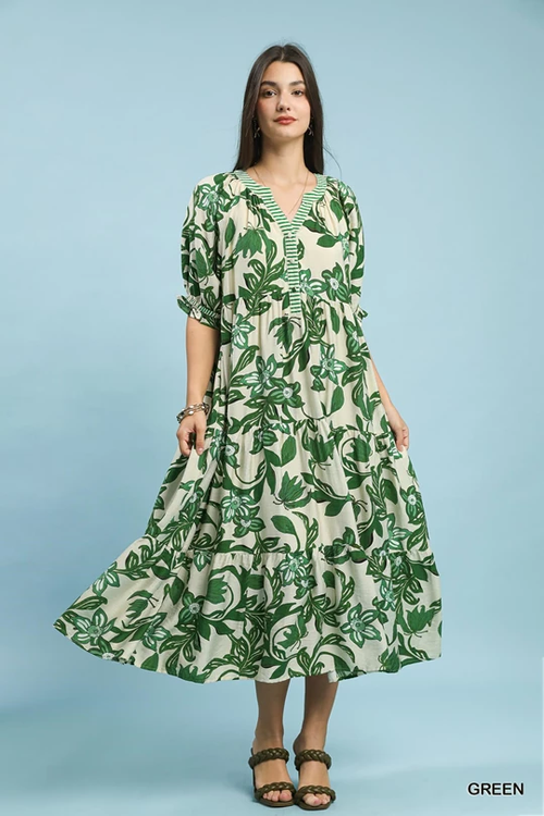 Green Tropical Floral Tiered Midi Dress