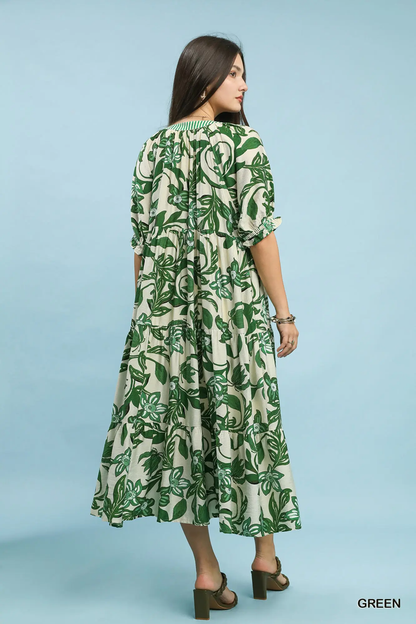Green Tropical Floral Tiered Midi Dress