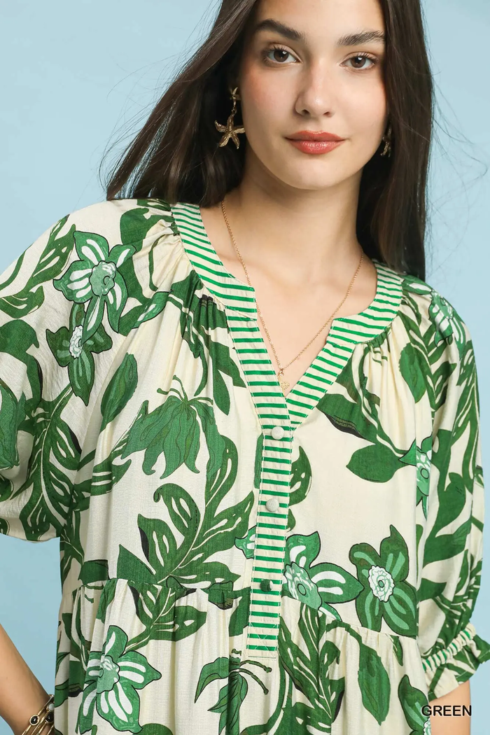 Green Tropical Floral Tiered Midi Dress