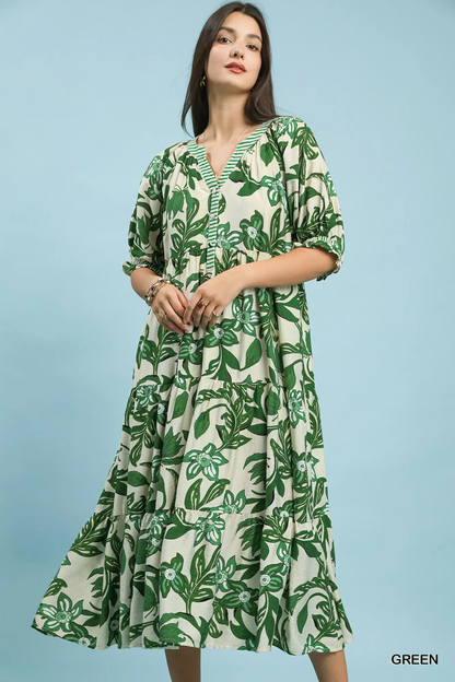 Green Tropical Floral Tiered Midi Dress