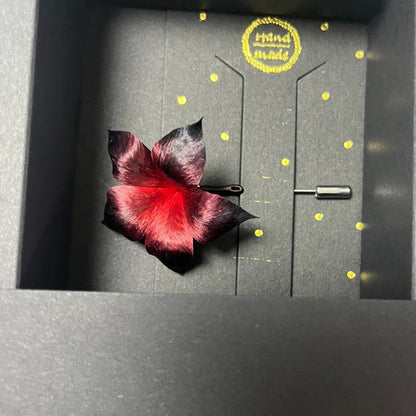 Handmade Ronghua Black-Red Datura Lapel Pin | Mulberry Silk Velvet Mandala Flower Stick Pin