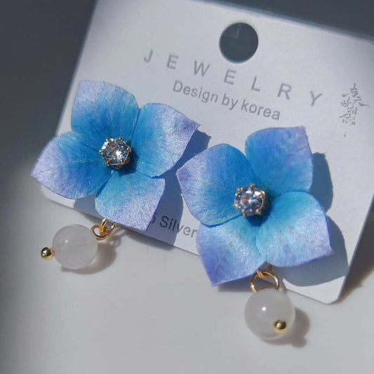 Handmade Ronghua blue hydrangea drop earrings in mulberry silk velvet with zircon center and agate jade bead on 925 silver posts