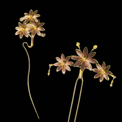 Handmade Ronghua Flower Hairpin - Mulberry Silk Velvet Blossom Hair Pin with Gold Accents