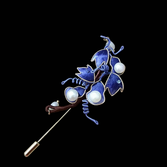 Handmade Ronghua Gourd Brooch - Blue Velvet with Pearl - Wedding & Daily