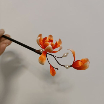 Handmade Ronghua Magnolia Hairpin - White & Green with Pearl - Wedding & Daily