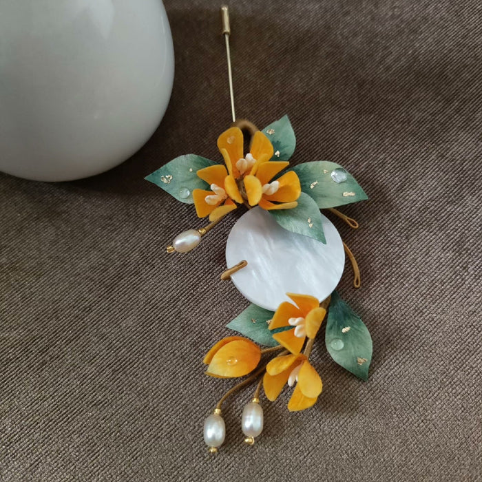 Handmade Ronghua Osmanthus Brooch - Jade Disc & Pearl - Wedding & Daily