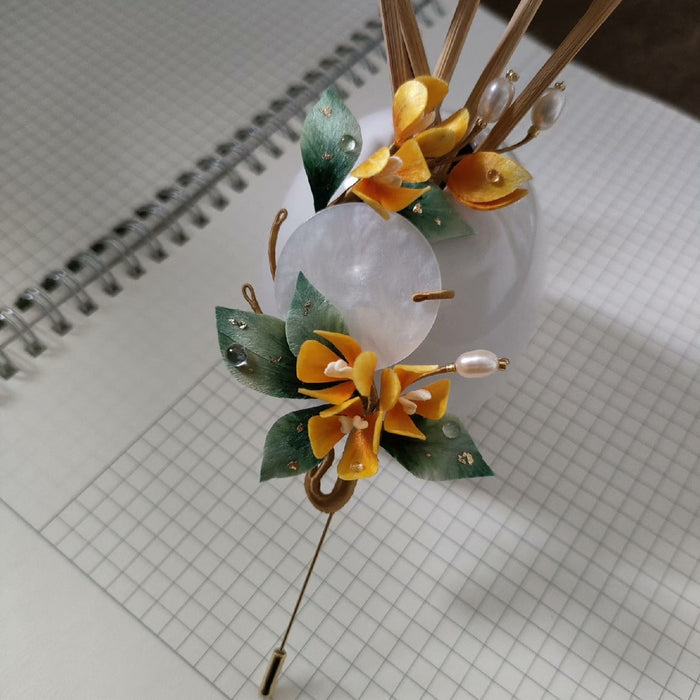 Handmade Ronghua Osmanthus Brooch - Jade Disc & Pearl - Wedding & Daily
