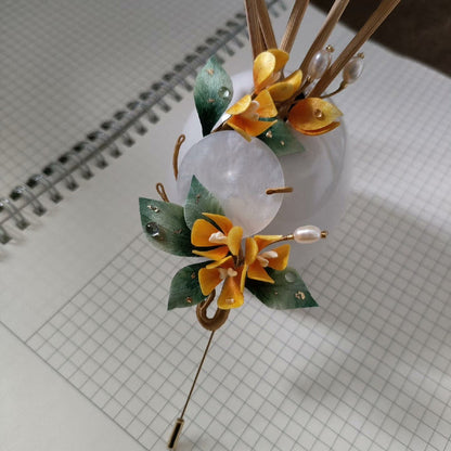 Handmade Ronghua Osmanthus Brooch - Jade Disc & Pearl - Wedding & Daily