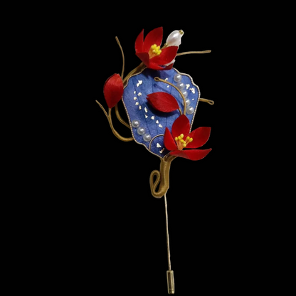Handmade Ronghua Plum Blossom Fan Brooch - Blue & Red with Pearl