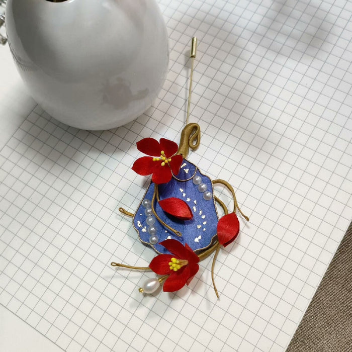 Handmade Ronghua Plum Blossom Fan Brooch - Blue & Red with Pearl