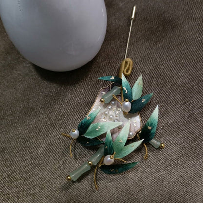 Handmade Ronghua Silk Velvet Bamboo Leaf Fan Brooch
