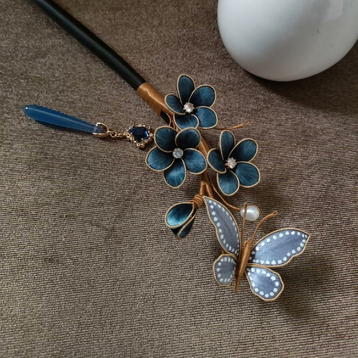 Handmade Ronghua Silk Velvet Flower Hairpin - Blue Plum Blossom Butterfly Chinese Accessory