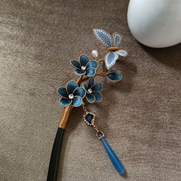 Handmade Ronghua Silk Velvet Flower Hairpin - Blue Plum Blossom Butterfly Chinese Accessory