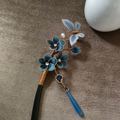 Handmade Ronghua Silk Velvet Flower Hairpin - Blue Plum Blossom Butterfly Chinese Accessory