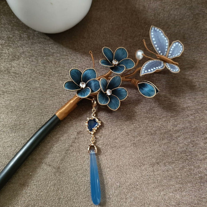Handmade Ronghua Silk Velvet Flower Hairpin - Blue Plum Blossom Butterfly Chinese Accessory