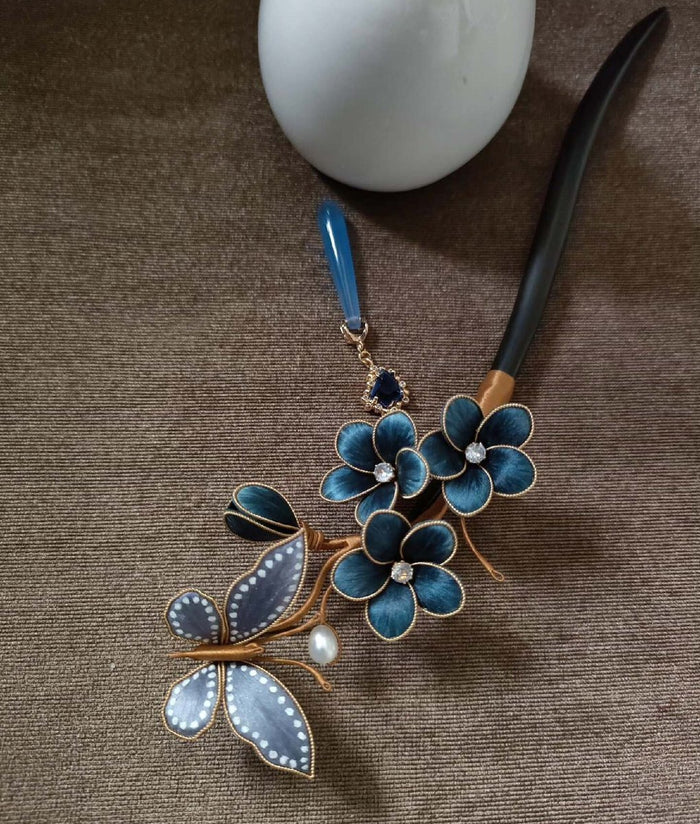 Handmade Ronghua Silk Velvet Flower Hairpin - Blue Plum Blossom Butterfly Chinese Accessory