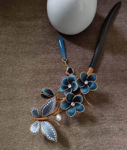 Handmade Ronghua Silk Velvet Flower Hairpin - Blue Plum Blossom Butterfly Chinese Accessory