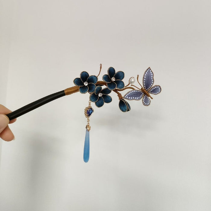 Handmade Ronghua Silk Velvet Flower Hairpin - Blue Plum Blossom Butterfly Chinese Accessory