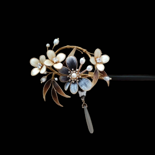 Handmade Ronghua blue and white camellia velvet flower hairpin with natural mulberry silk, pearls, crystals, and jade tassel