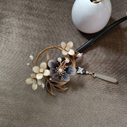 Handmade Ronghua Silk Velvet Flower Hairpin - Blue & White Camellia Hairpin