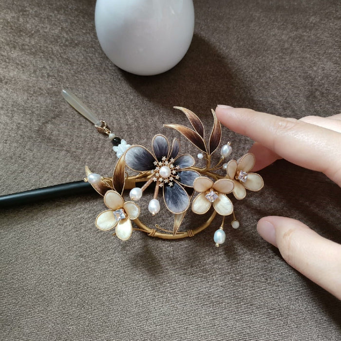 Handmade Ronghua Silk Velvet Flower Hairpin - Blue & White Camellia Hairpin