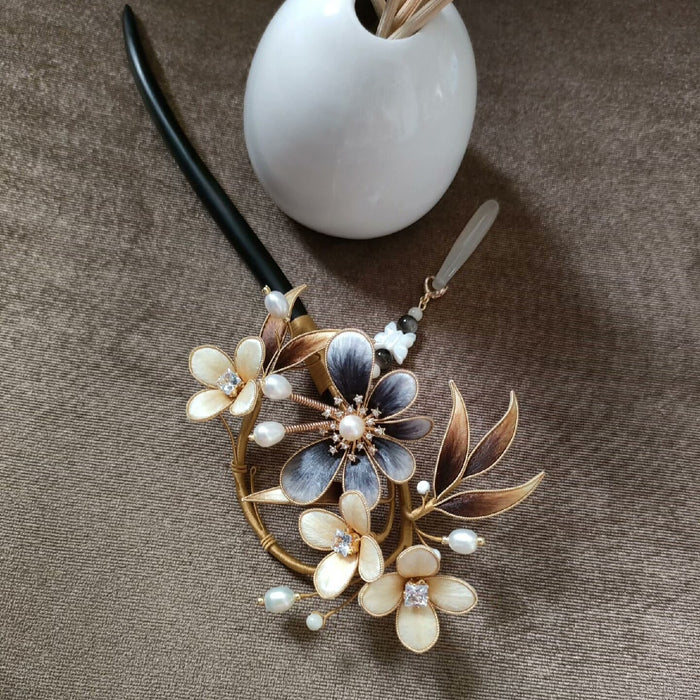Handmade Ronghua Silk Velvet Flower Hairpin - Blue & White Camellia Hairpin