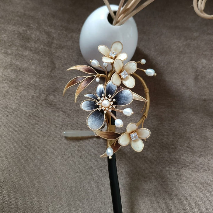 Handmade Ronghua Silk Velvet Flower Hairpin - Blue & White Camellia Hairpin