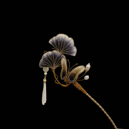 Close-up of gradient blue ginkgo leaves and butterfly details on traditional Chinese Ronghua hairpin