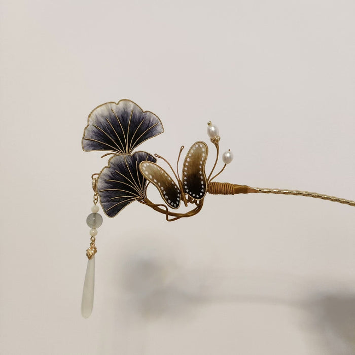 Handmade Ronghua Silk Velvet Ginkgo Leaf and Butterfly Hairpin
