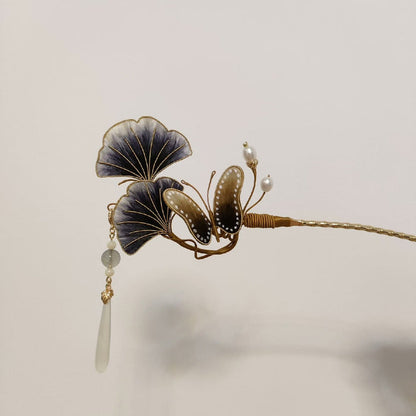 Handmade Ronghua Silk Velvet Ginkgo Leaf and Butterfly Hairpin