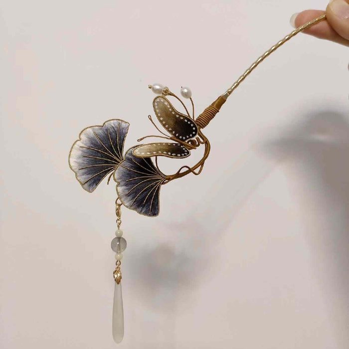 Handmade Ronghua Silk Velvet Ginkgo Leaf and Butterfly Hairpin