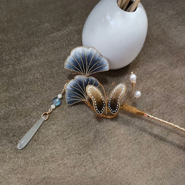 Handmade Ronghua Silk Velvet Ginkgo Leaf and Butterfly Hairpin