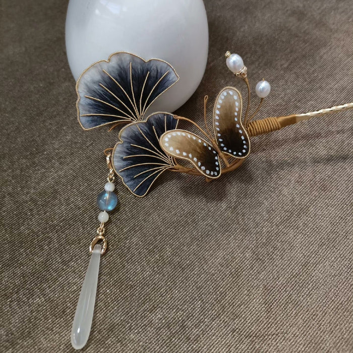 Handmade Ronghua Silk Velvet Ginkgo Leaf and Butterfly Hairpin