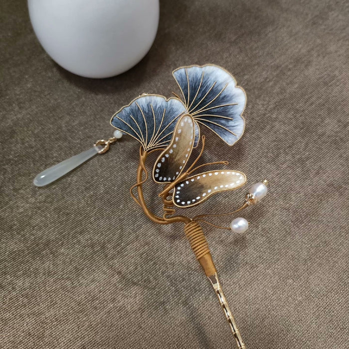 Handmade Ronghua Silk Velvet Ginkgo Leaf and Butterfly Hairpin