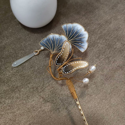 Handmade Ronghua Silk Velvet Ginkgo Leaf and Butterfly Hairpin