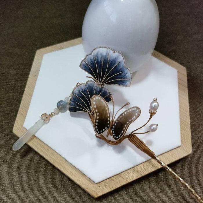 Handmade Ronghua Silk Velvet Ginkgo Leaf and Butterfly Hairpin