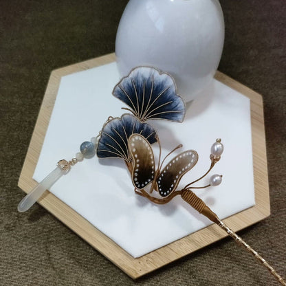 Handmade Ronghua Silk Velvet Ginkgo Leaf and Butterfly Hairpin