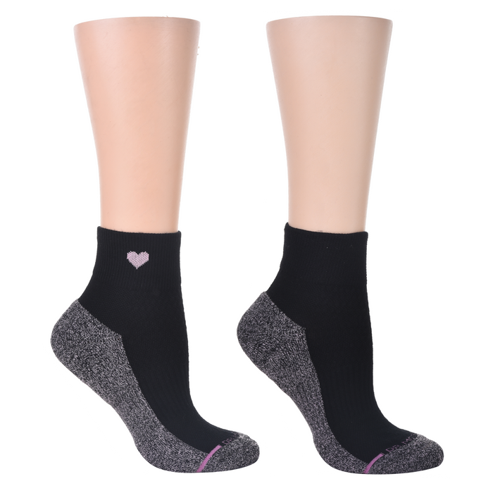 Black quarter compression socks with a pink heart design and gray accents.
