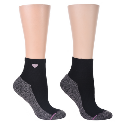 Black quarter compression socks with a pink heart design and gray accents.