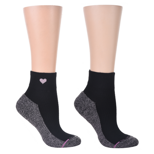 Black quarter compression socks with a pink heart design and gray accents.