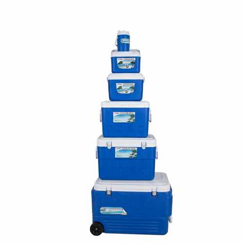 Set of blue coolers stacked on a white background