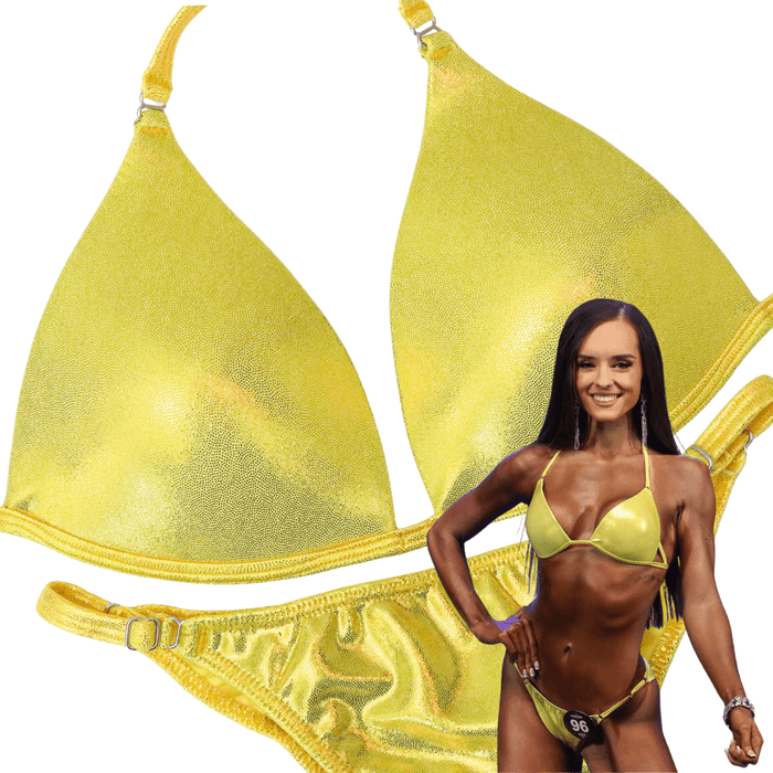 Hologram Yellow Fit Model Competition Suit with shiny yellow fabric for NPC bikini competition suit and fit model competition suit