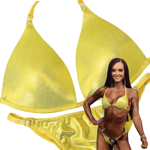 Hologram Yellow Fit Model Competition Suit with shiny yellow fabric for NPC bikini competition suit and fit model competition suit