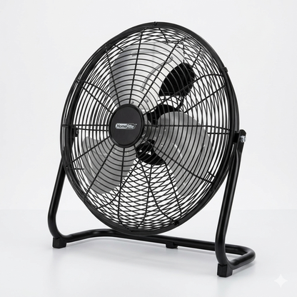 Black floor fan on a white background