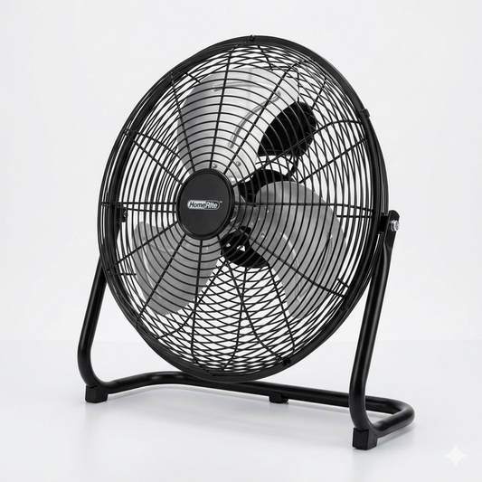 Black floor fan on a white background
