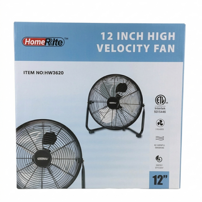Box of HomeRite 12-inch high velocity fan with blue background
