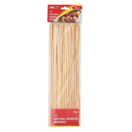 Pack of 100 natural bamboo skewers with a brand label on a white background