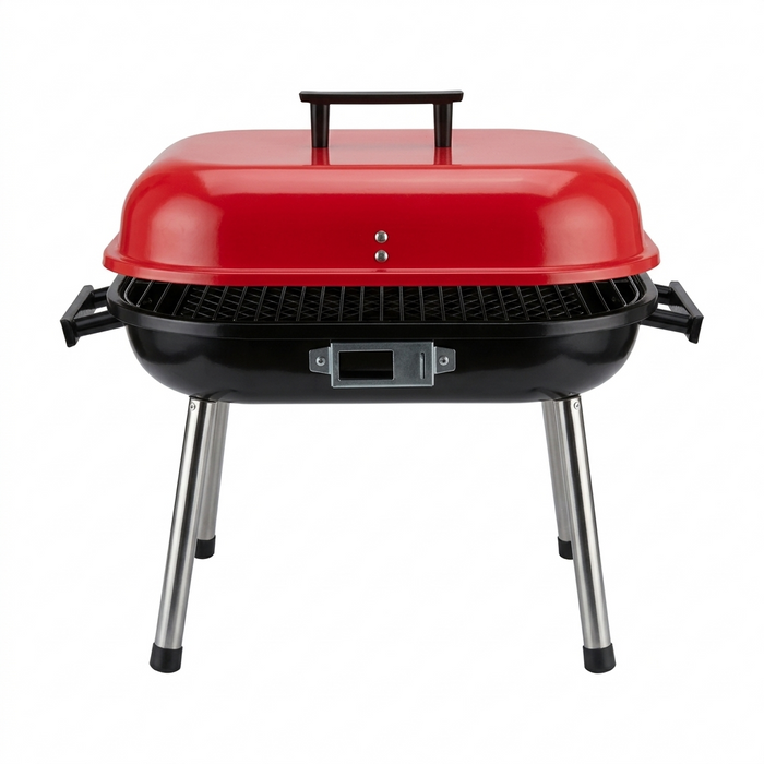 Portable 17-inch square charcoal grill with red lid and black base on a white background